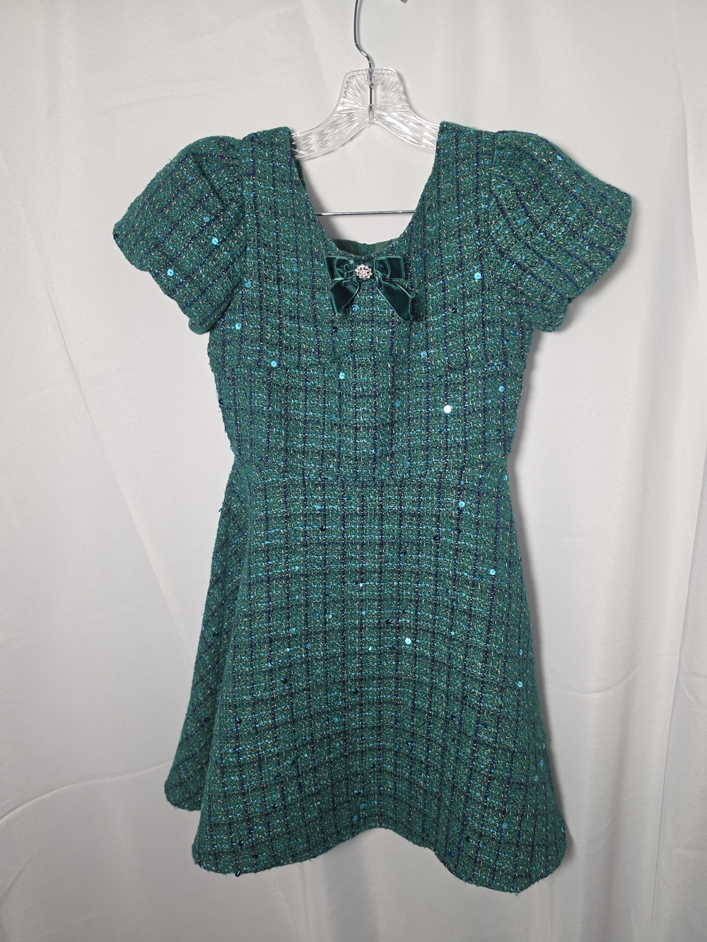 Rare Editions Teal Sparkle Tweed Dress with Velvet Bow Accent